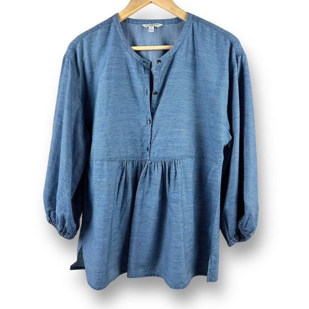 Lucky Brand S Long Sleeve Babydoll Peasant Top Blouse Blue Pinstripe Cottagecore
